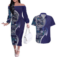 Samoan Siapo Art Tattoo Polynesian Pattern Couples Matching Off The Shoulder Long Sleeve Dress and Hawaiian Shirt Navy Color - Polynesian Pride
