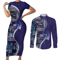 Samoan Siapo Art Tattoo Polynesian Pattern Couples Matching Short Sleeve Bodycon Dress and Long Sleeve Button Shirt Navy Color - Polynesian Pride