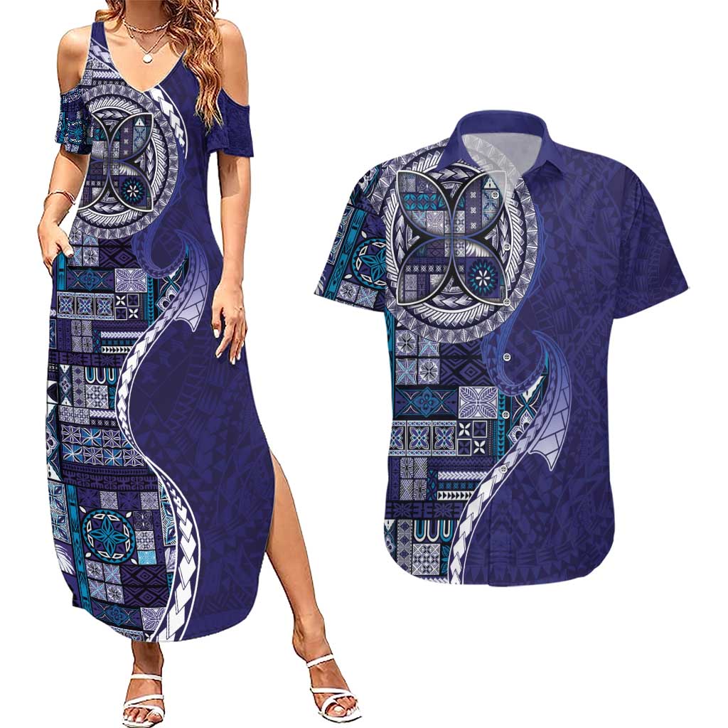 Samoan Siapo Art Tattoo Polynesian Pattern Couples Matching Summer Maxi Dress and Hawaiian Shirt Navy Color - Polynesian Pride