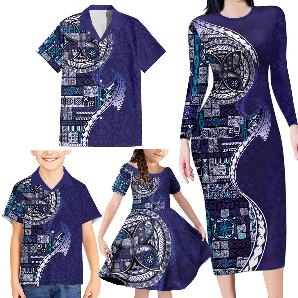 Samoan Siapo Art Tattoo Polynesian Pattern Family Matching Long Sleeve Bodycon Dress and Hawaiian Shirt Navy Color - Polynesian Pride