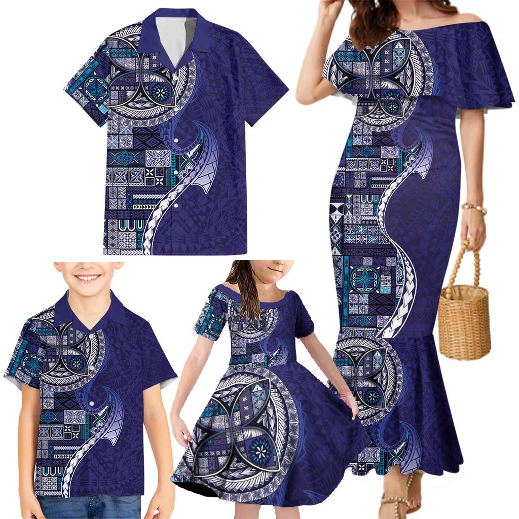 Samoan Siapo Art Tattoo Polynesian Pattern Family Matching Mermaid Dress and Hawaiian Shirt Navy Color - Polynesian Pride