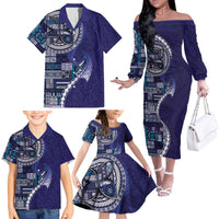 Samoan Siapo Art Tattoo Polynesian Pattern Family Matching Off The Shoulder Long Sleeve Dress and Hawaiian Shirt Navy Color - Polynesian Pride