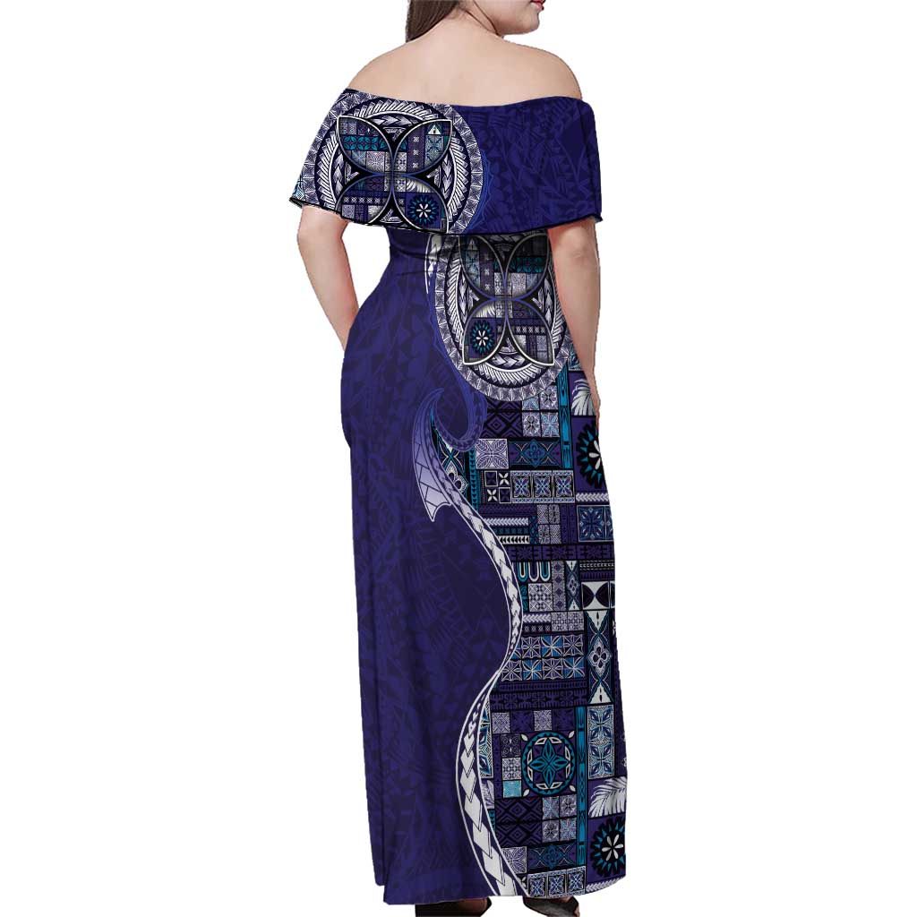 Samoan Siapo Art Tattoo Polynesian Pattern Family Matching Off Shoulder Maxi Dress and Hawaiian Shirt Navy Color - Polynesian Pride