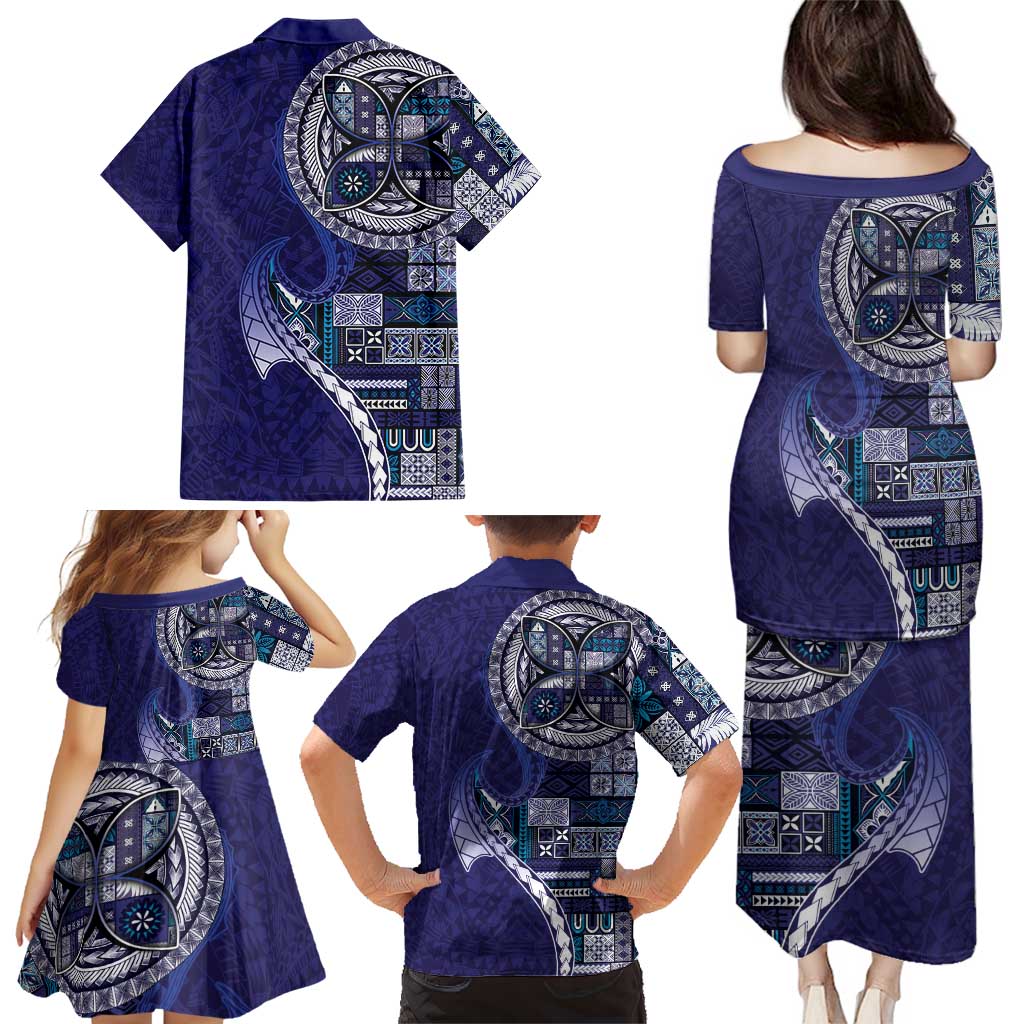 Samoan Siapo Art Tattoo Polynesian Pattern Family Matching Puletasi and Hawaiian Shirt Navy Color - Polynesian Pride