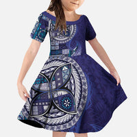 Samoan Siapo Art Tattoo Polynesian Pattern Family Matching Short Sleeve Bodycon Dress and Hawaiian Shirt Navy Color - Polynesian Pride