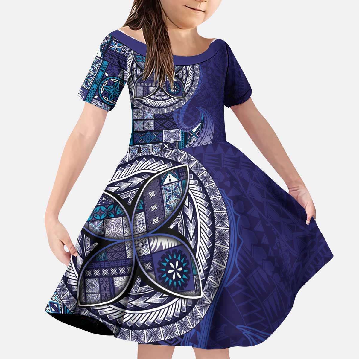 Samoan Siapo Art Tattoo Polynesian Pattern Kid Short Sleeve Dress Navy Color - Polynesian Pride