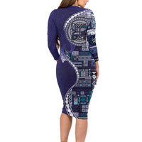 Samoan Siapo Art Tattoo Polynesian Pattern Long Sleeve Bodycon Dress Navy Color - Polynesian Pride