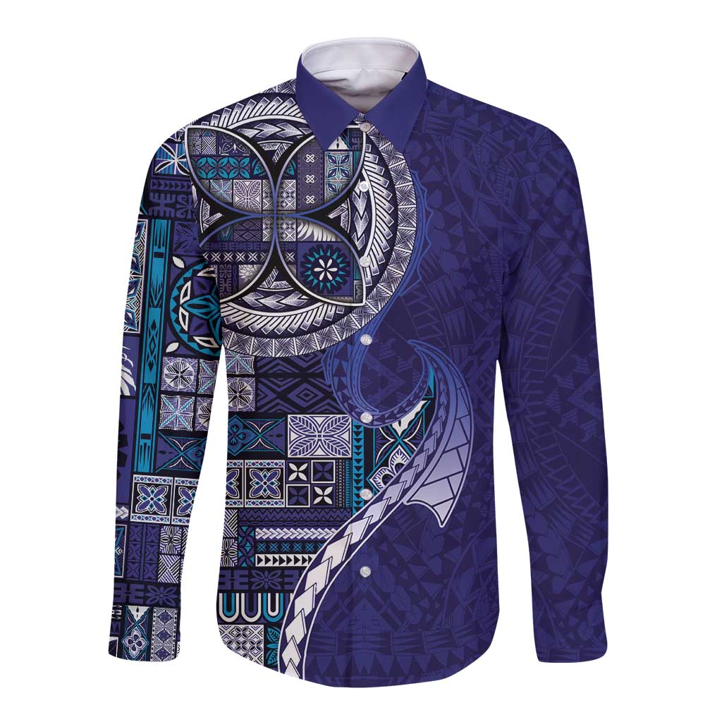 Samoan Siapo Art Tattoo Polynesian Pattern Long Sleeve Button Shirt Navy Color - Polynesian Pride