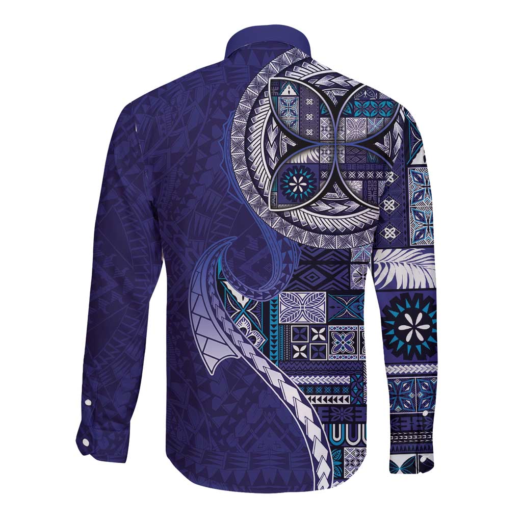Samoan Siapo Art Tattoo Polynesian Pattern Long Sleeve Button Shirt Navy Color - Polynesian Pride