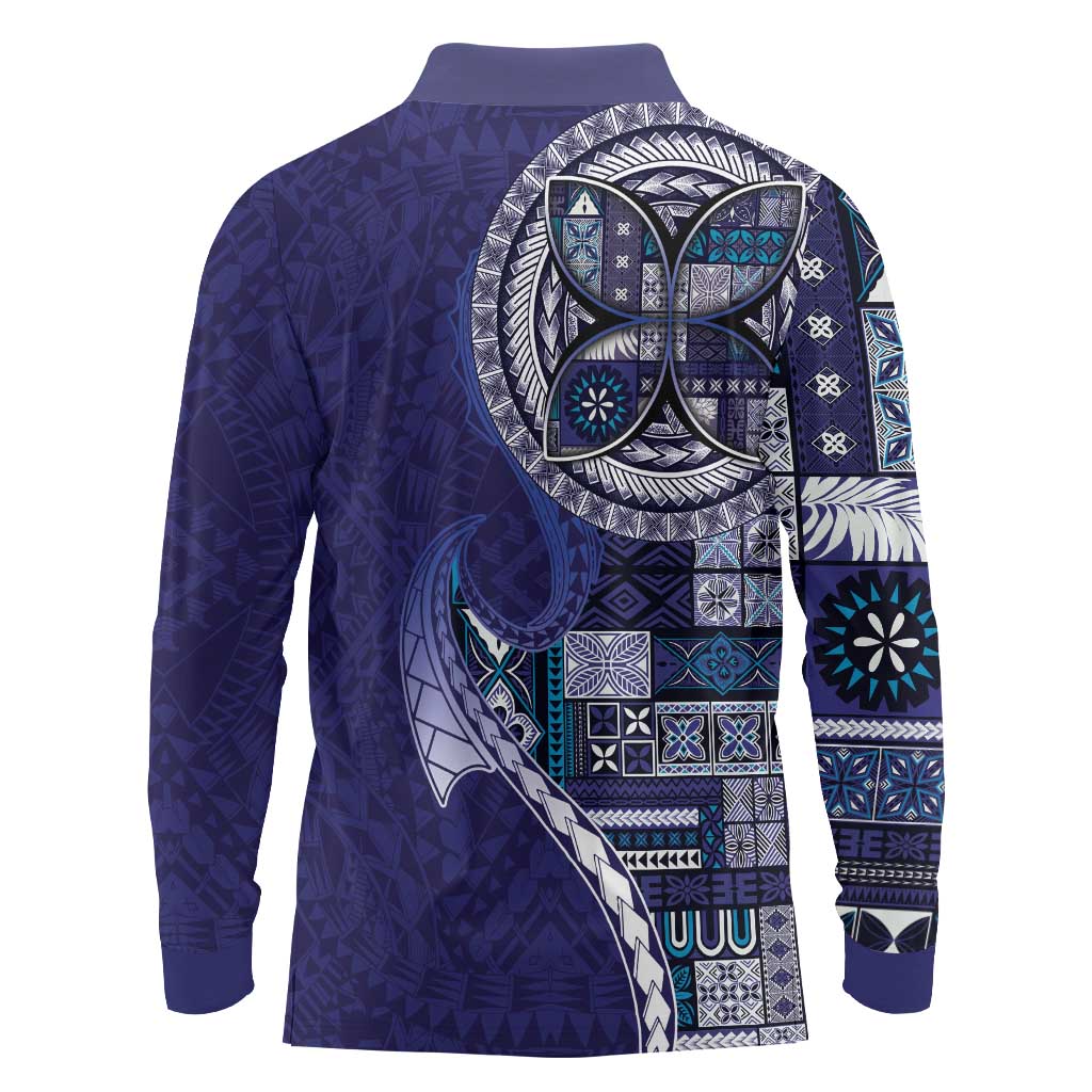 Samoan Siapo Art Tattoo Polynesian Pattern Long Sleeve Polo Shirt Navy Color - Polynesian Pride