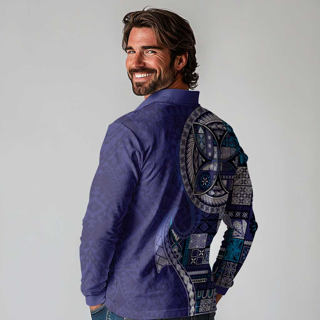 Samoan Siapo Art Tattoo Polynesian Pattern Long Sleeve Polo Shirt Navy Color - Polynesian Pride