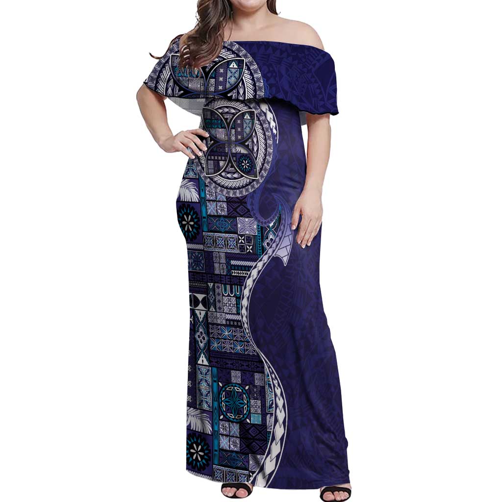 Samoan Siapo Art Tattoo Polynesian Pattern Off Shoulder Maxi Dress Navy Color - Polynesian Pride