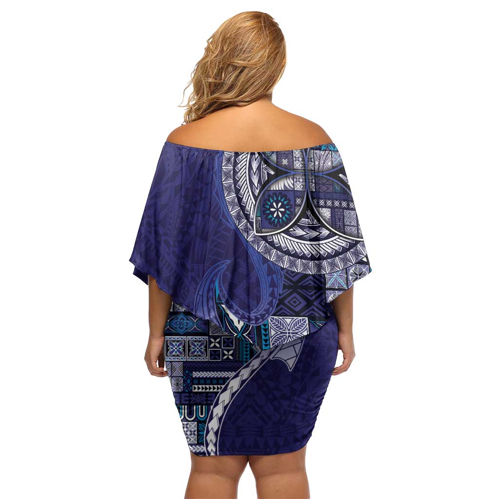Samoan Siapo Art Tattoo Polynesian Pattern Off Shoulder Short Dress Navy Color - Polynesian Pride