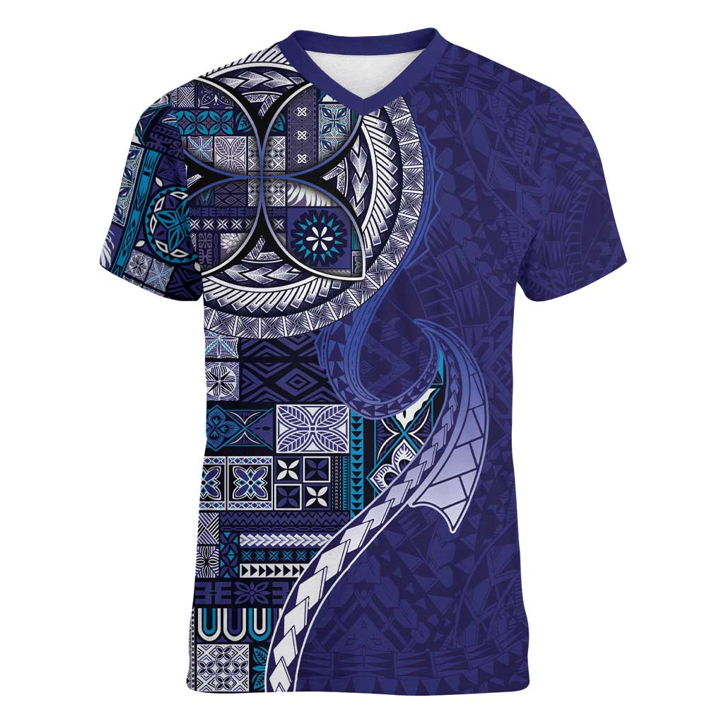 Samoan Siapo Art Tattoo Polynesian Pattern Women V-Neck T-Shirt Navy Color - Polynesian Pride