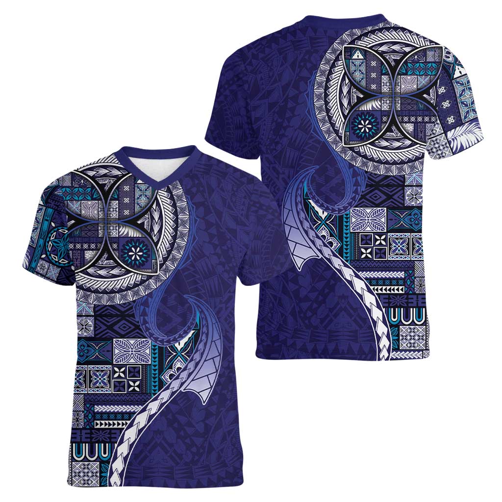Samoan Siapo Art Tattoo Polynesian Pattern Women V-Neck T-Shirt Navy Color - Polynesian Pride