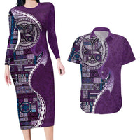 Samoan Siapo Art Tattoo Polynesian Pattern Couples Matching Long Sleeve Bodycon Dress and Hawaiian Shirt Purple Color - Polynesian Pride