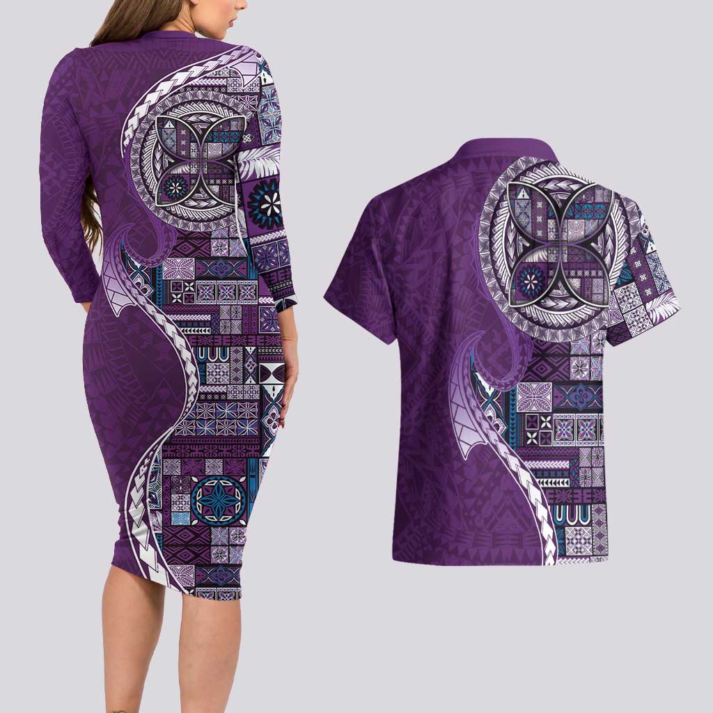Samoan Siapo Art Tattoo Polynesian Pattern Couples Matching Long Sleeve Bodycon Dress and Hawaiian Shirt Purple Color - Polynesian Pride