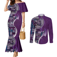 Samoan Siapo Art Tattoo Polynesian Pattern Couples Matching Mermaid Dress and Long Sleeve Button Shirt Purple Color - Polynesian Pride