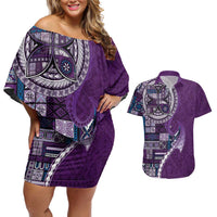 Samoan Siapo Art Tattoo Polynesian Pattern Couples Matching Off Shoulder Short Dress and Hawaiian Shirt Purple Color - Polynesian Pride