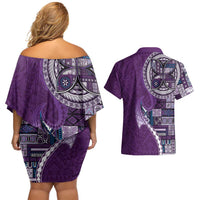 Samoan Siapo Art Tattoo Polynesian Pattern Couples Matching Off Shoulder Short Dress and Hawaiian Shirt Purple Color - Polynesian Pride