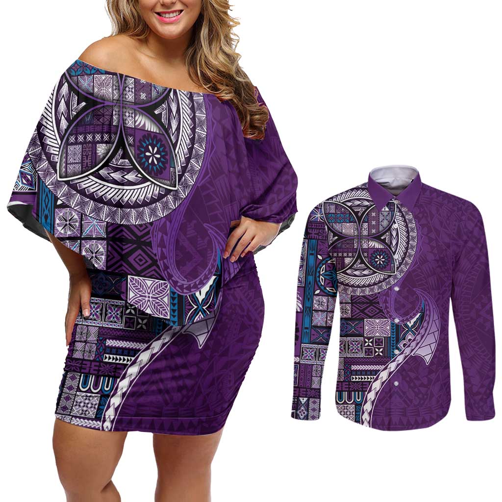 Samoan Siapo Art Tattoo Polynesian Pattern Couples Matching Off Shoulder Short Dress and Long Sleeve Button Shirt Purple Color - Polynesian Pride