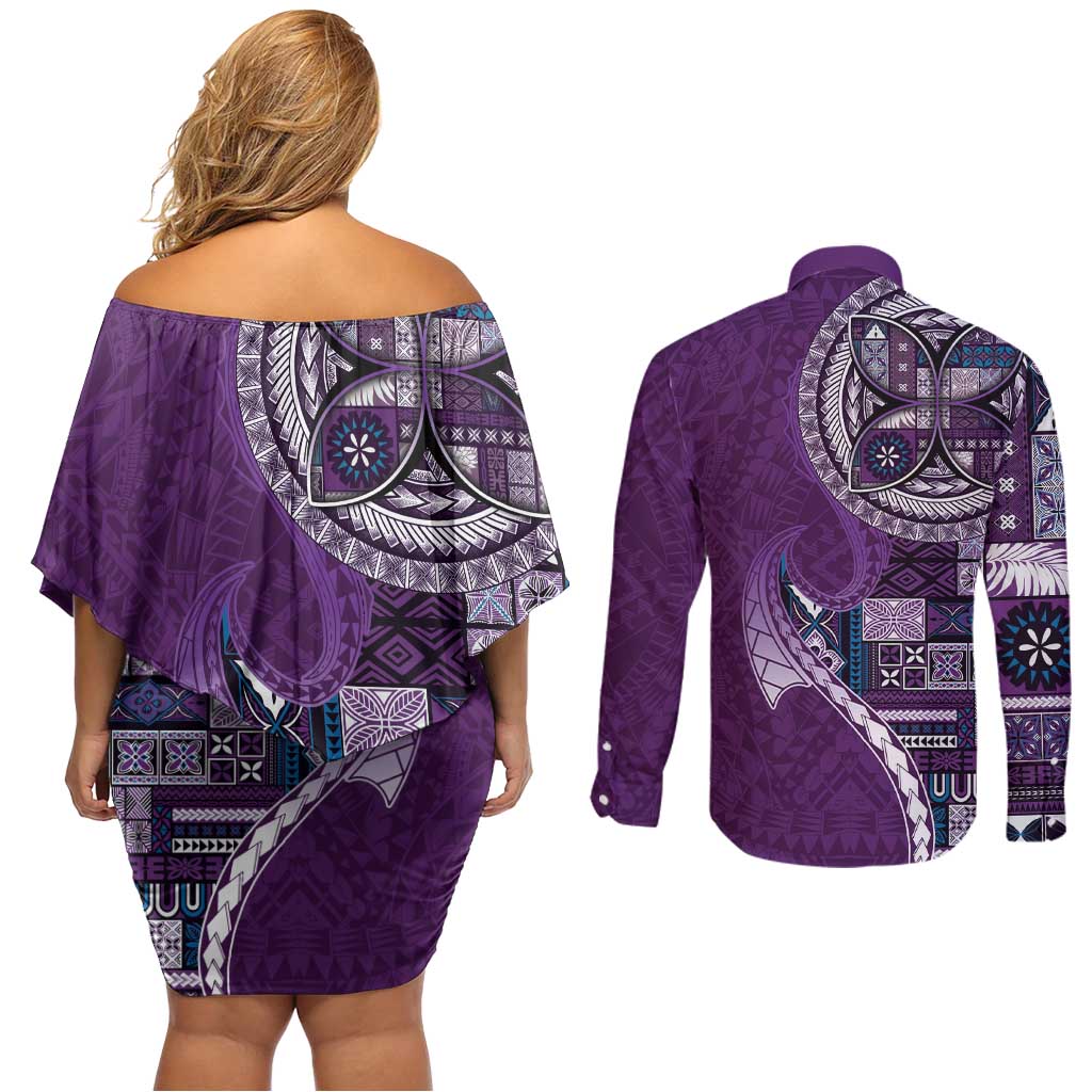 Samoan Siapo Art Tattoo Polynesian Pattern Couples Matching Off Shoulder Short Dress and Long Sleeve Button Shirt Purple Color - Polynesian Pride