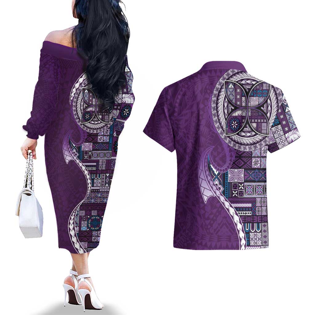 Samoan Siapo Art Tattoo Polynesian Pattern Couples Matching Off The Shoulder Long Sleeve Dress and Hawaiian Shirt Purple Color - Polynesian Pride