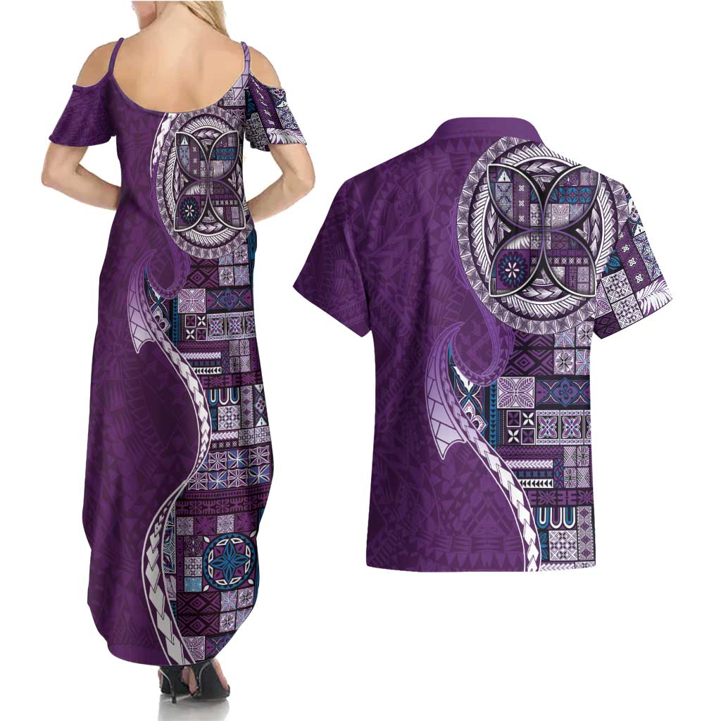 Samoan Siapo Art Tattoo Polynesian Pattern Couples Matching Summer Maxi Dress and Hawaiian Shirt Purple Color - Polynesian Pride