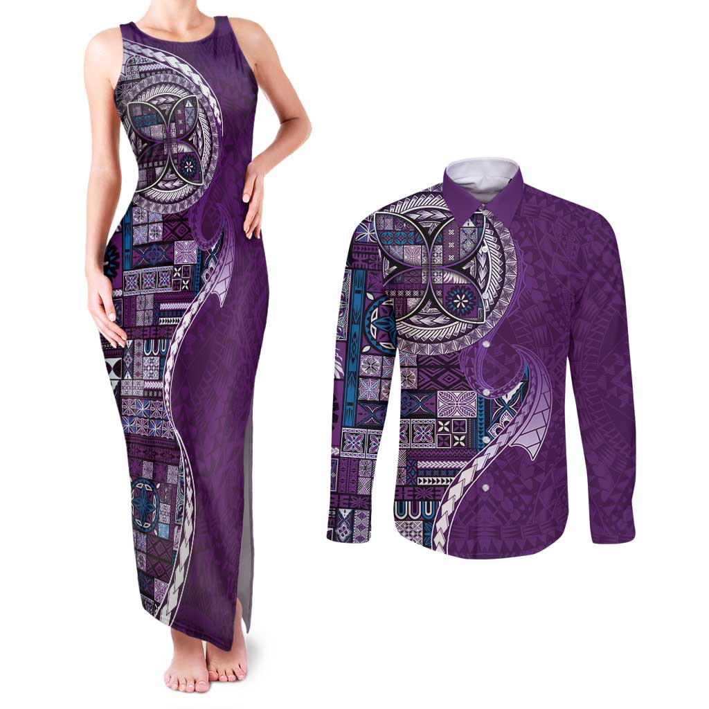 Samoan Siapo Art Tattoo Polynesian Pattern Couples Matching Tank Maxi Dress and Long Sleeve Button Shirt Purple Color - Polynesian Pride
