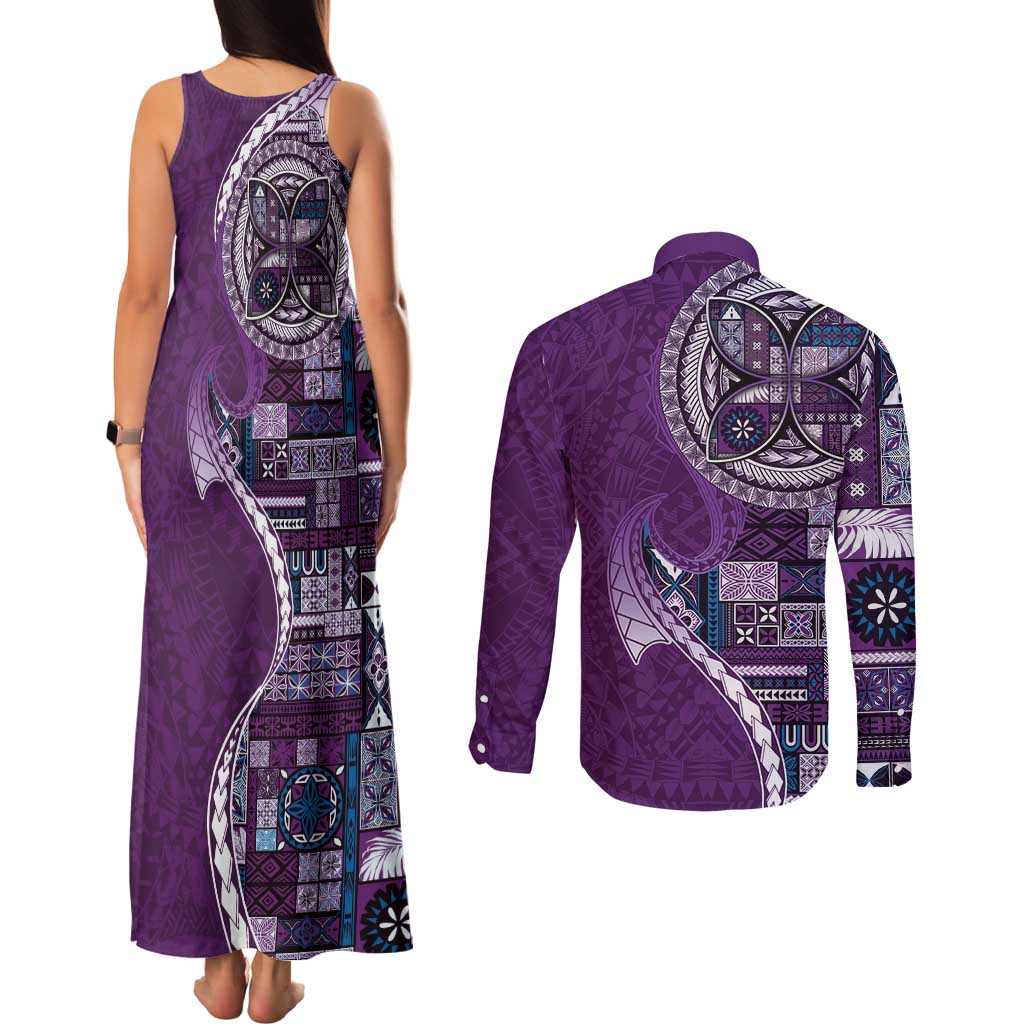 Samoan Siapo Art Tattoo Polynesian Pattern Couples Matching Tank Maxi Dress and Long Sleeve Button Shirt Purple Color - Polynesian Pride