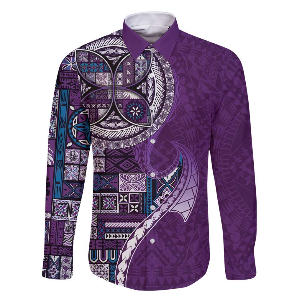 Samoan Siapo Art Tattoo Polynesian Pattern Family Matching Long Sleeve Bodycon Dress and Hawaiian Shirt Purple Color - Polynesian Pride