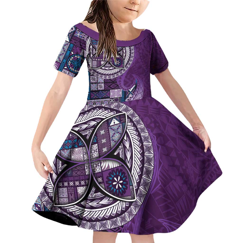 Samoan Siapo Art Tattoo Polynesian Pattern Family Matching Off Shoulder Short Dress and Hawaiian Shirt Purple Color - Polynesian Pride