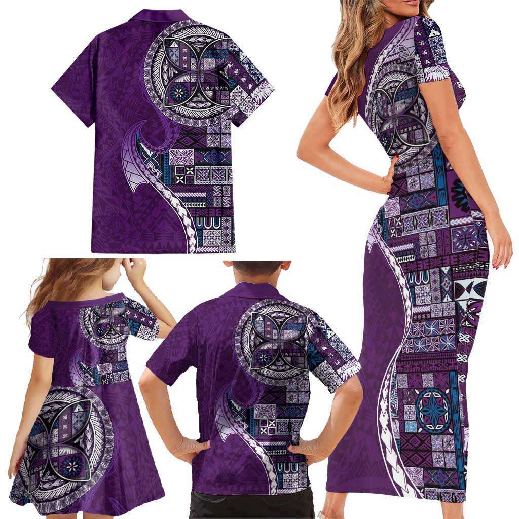 Samoan Siapo Art Tattoo Polynesian Pattern Family Matching Short Sleeve Bodycon Dress and Hawaiian Shirt Purple Color - Polynesian Pride