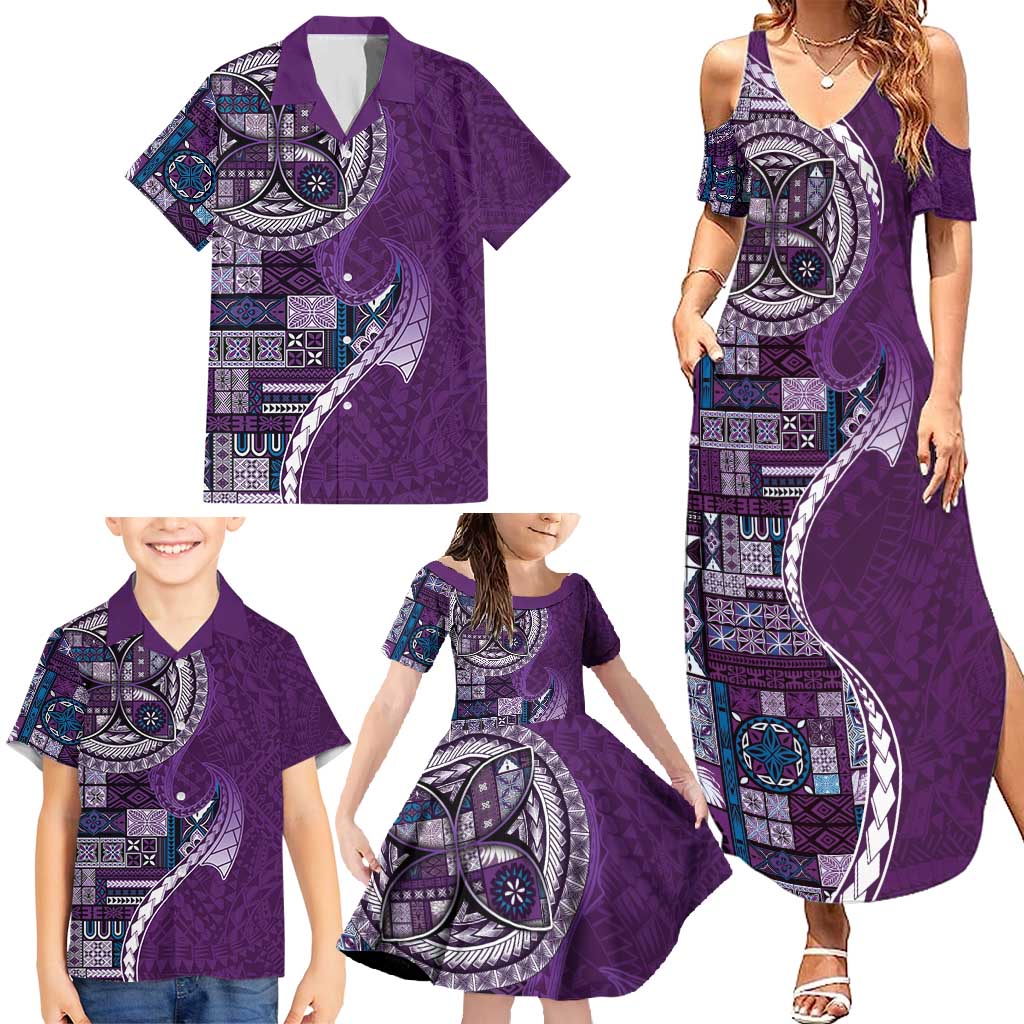 Samoan Siapo Art Tattoo Polynesian Pattern Family Matching Summer Maxi Dress and Hawaiian Shirt Purple Color - Polynesian Pride
