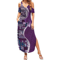 Samoan Siapo Art Tattoo Polynesian Pattern Family Matching Summer Maxi Dress and Hawaiian Shirt Purple Color - Polynesian Pride