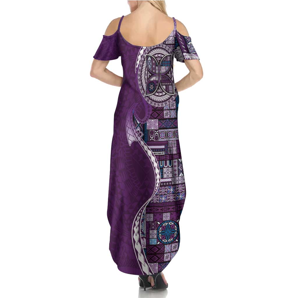 Samoan Siapo Art Tattoo Polynesian Pattern Family Matching Summer Maxi Dress and Hawaiian Shirt Purple Color - Polynesian Pride