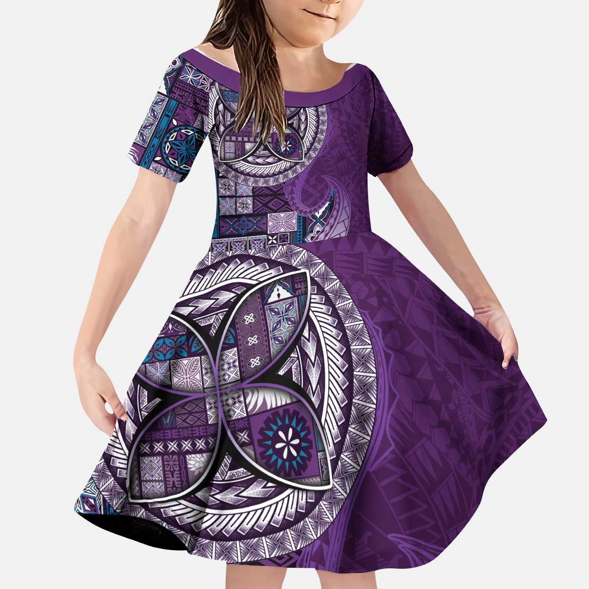 Samoan Siapo Art Tattoo Polynesian Pattern Kid Short Sleeve Dress Purple Color - Polynesian Pride