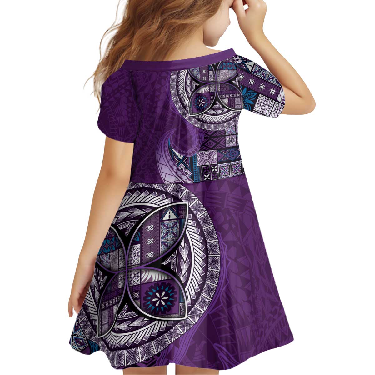 Samoan Siapo Art Tattoo Polynesian Pattern Kid Short Sleeve Dress Purple Color - Polynesian Pride