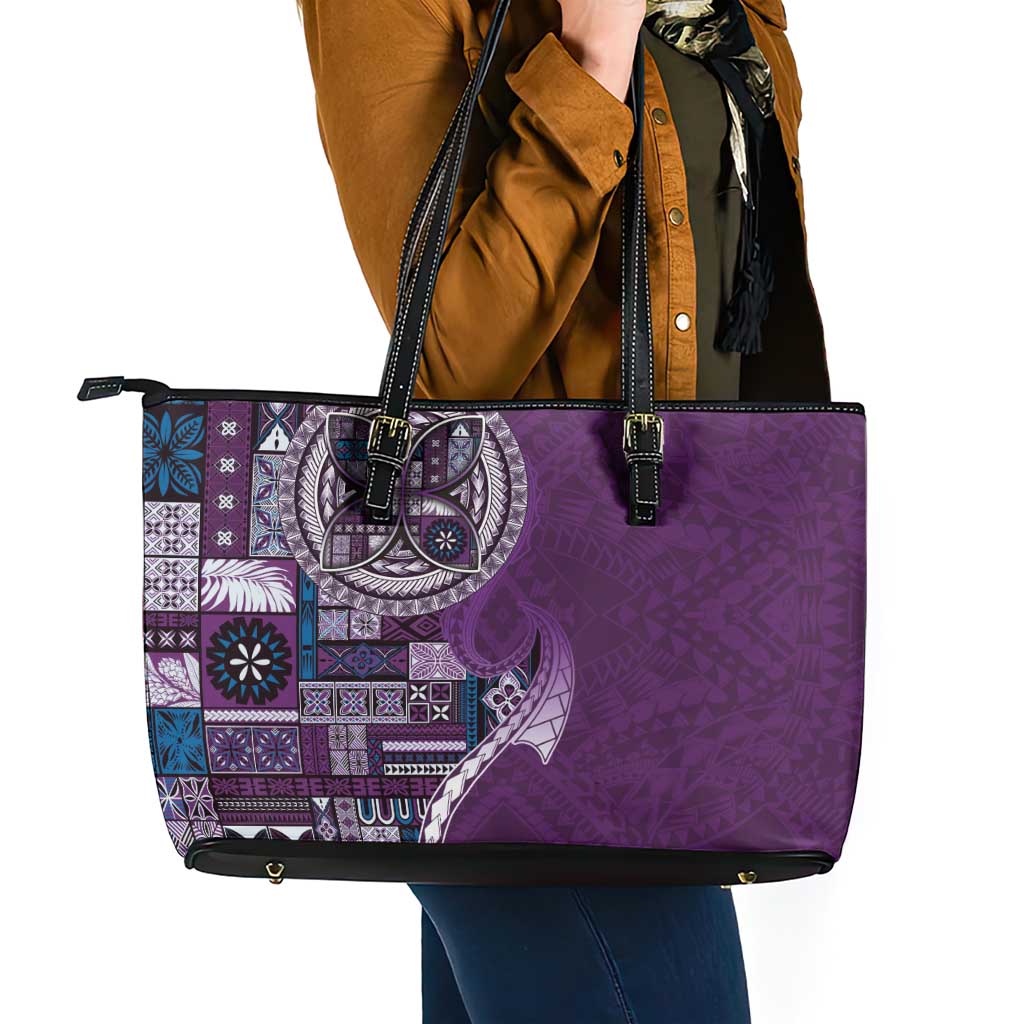 Samoan Siapo Art Tattoo Polynesian Pattern Leather Tote Bag Purple Color - Polynesian Pride