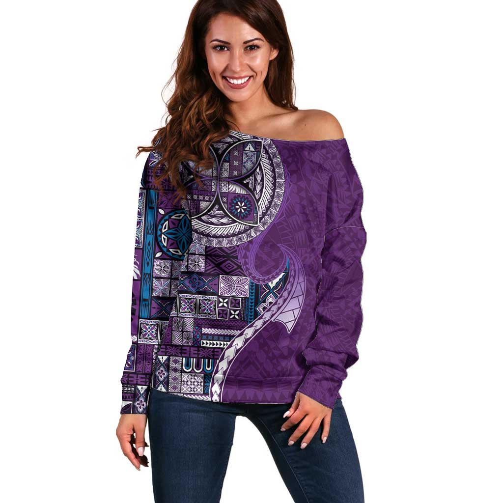 Samoan Siapo Art Tattoo Polynesian Pattern Off Shoulder Sweater Purple Color - Polynesian Pride