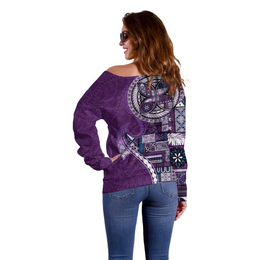 Samoan Siapo Art Tattoo Polynesian Pattern Off Shoulder Sweater Purple Color - Polynesian Pride