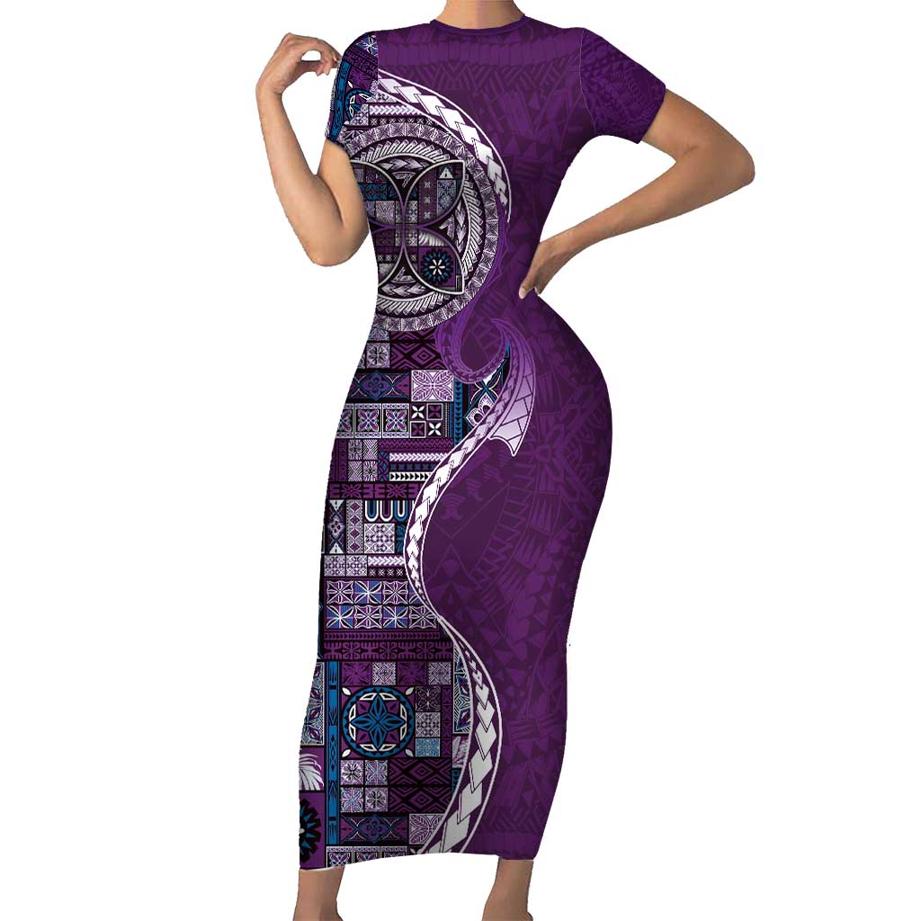 Samoan Siapo Art Tattoo Polynesian Pattern Short Sleeve Bodycon Dress Purple Color - Polynesian Pride