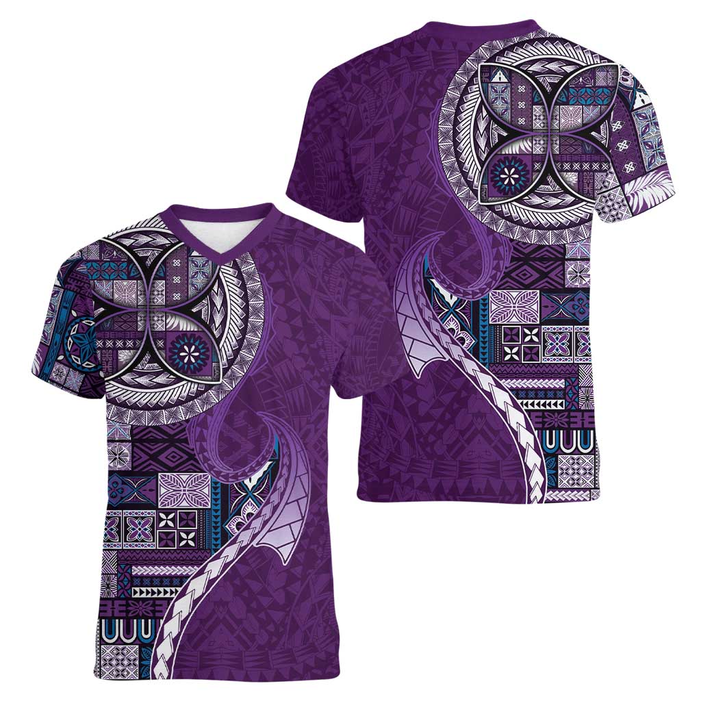 Samoan Siapo Art Tattoo Polynesian Pattern Women V-Neck T-Shirt Purple Color - Polynesian Pride