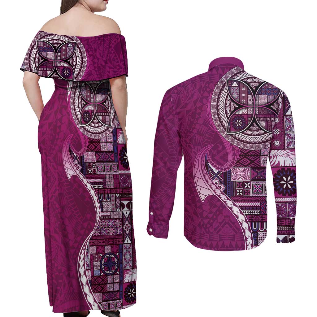 Samoan Siapo Art Tattoo Polynesian Pattern Couples Matching Off Shoulder Maxi Dress and Long Sleeve Button Shirt Pink Color - Polynesian Pride