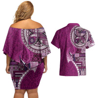 Samoan Siapo Art Tattoo Polynesian Pattern Couples Matching Off Shoulder Short Dress and Hawaiian Shirt Pink Color - Polynesian Pride