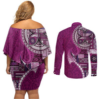 Samoan Siapo Art Tattoo Polynesian Pattern Couples Matching Off Shoulder Short Dress and Long Sleeve Button Shirt Pink Color - Polynesian Pride