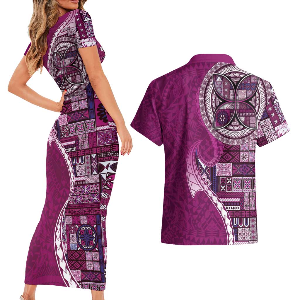 Samoan Siapo Art Tattoo Polynesian Pattern Couples Matching Short Sleeve Bodycon Dress and Hawaiian Shirt Pink Color - Polynesian Pride