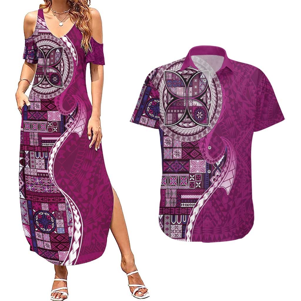 Samoan Siapo Art Tattoo Polynesian Pattern Couples Matching Summer Maxi Dress and Hawaiian Shirt Pink Color - Polynesian Pride