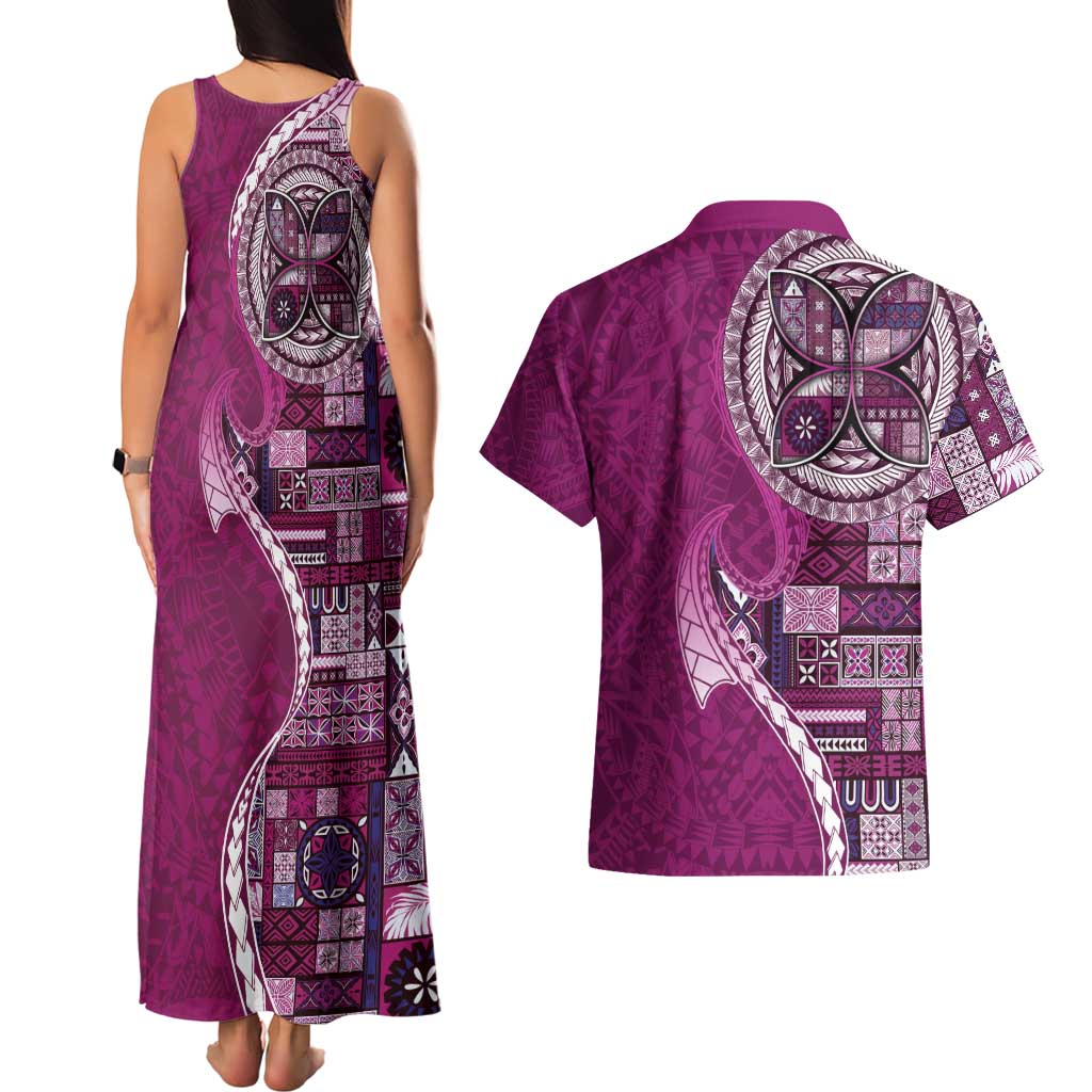 Samoan Siapo Art Tattoo Polynesian Pattern Couples Matching Tank Maxi Dress and Hawaiian Shirt Pink Color - Polynesian Pride