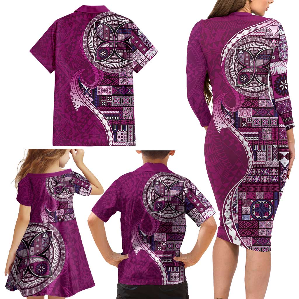 Samoan Siapo Art Tattoo Polynesian Pattern Family Matching Long Sleeve Bodycon Dress and Hawaiian Shirt Pink Color - Polynesian Pride